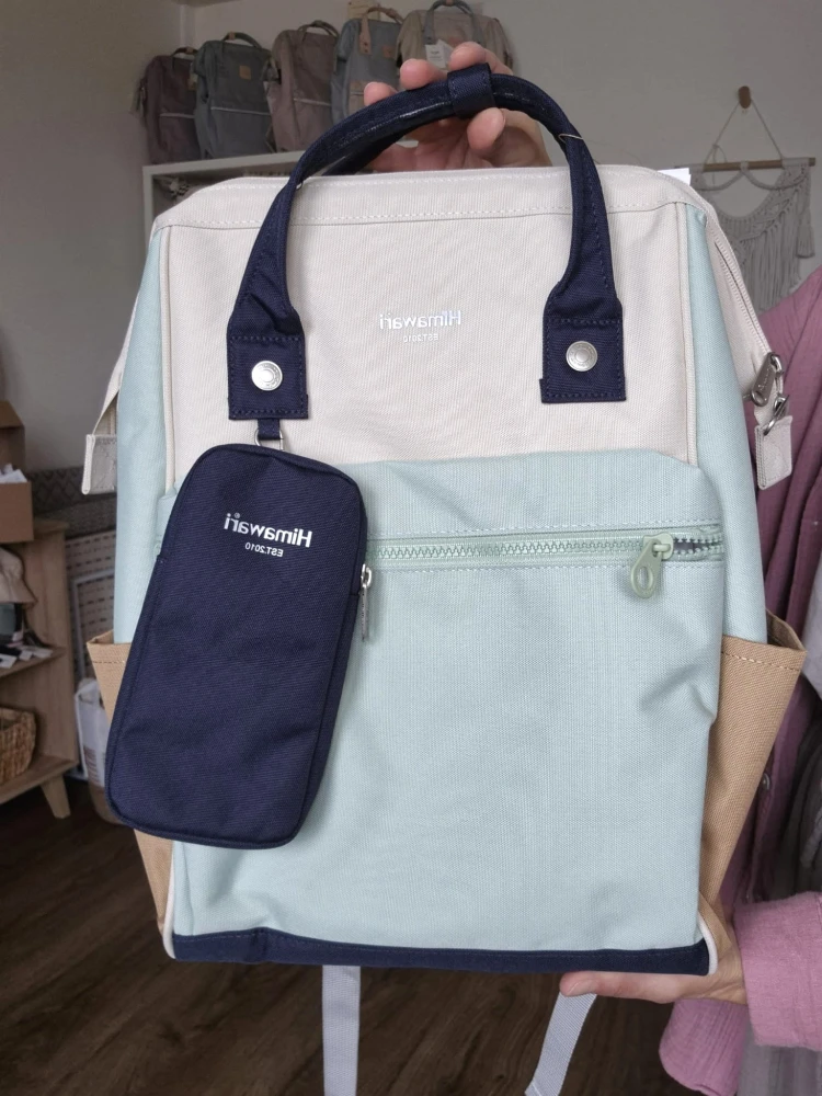 Wodoodporny plecak miejski unisex z uchwytem na walizkę - na podróż, do pracy, na wycieczkę, na uczelnię i do szkoły/ Kolor miętowo-granatowo-beżowo-brązowy