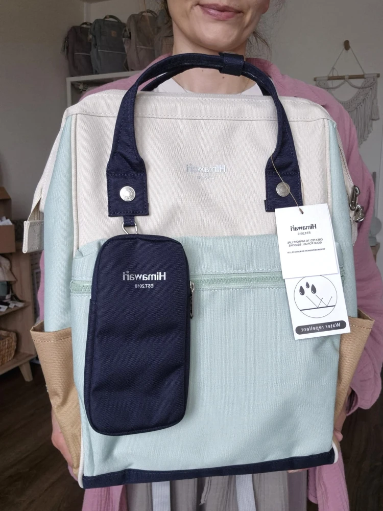 Wodoodporny plecak miejski unisex z uchwytem na walizkę - na podróż, do pracy, na wycieczkę, na uczelnię i do szkoły/ Kolor miętowo-granatowo-beżowo-brązowy