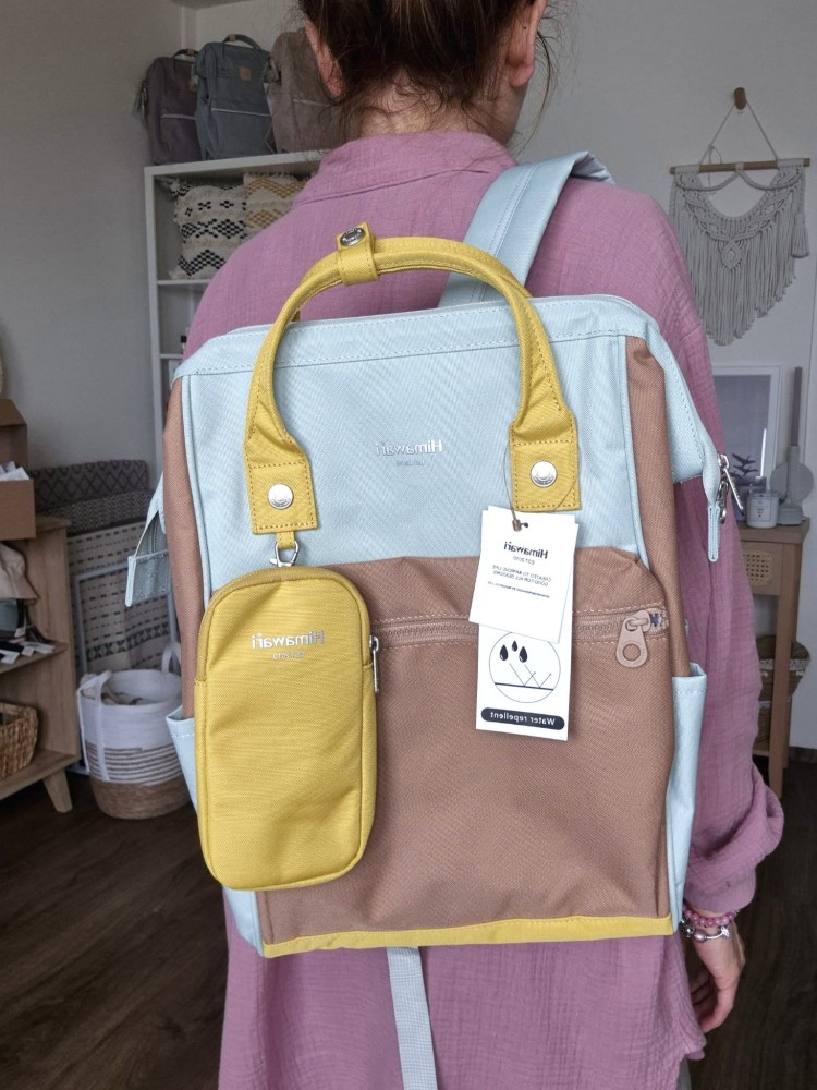 Wodoodporny plecak miejski unisex z uchwytem na walizkę - na podróż, do pracy, na wycieczkę, na uczelnię i do szkoły/ Kolor miętowo-żółto-brązowy