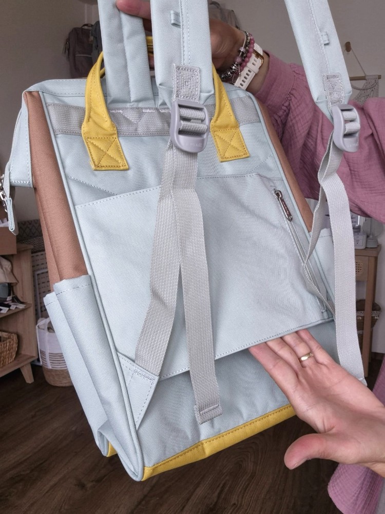 Wodoodporny plecak miejski unisex z uchwytem na walizkę - na podróż, do pracy, na wycieczkę, na uczelnię i do szkoły/ Kolor miętowo-żółto-brązowy