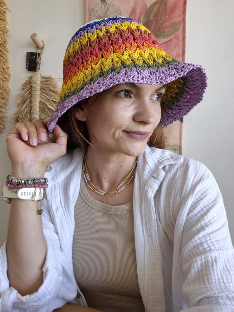 Bucket Rainbow Lavender - Damski kapelusz na lato/Kolor wielokolorowy w paski 100% papier