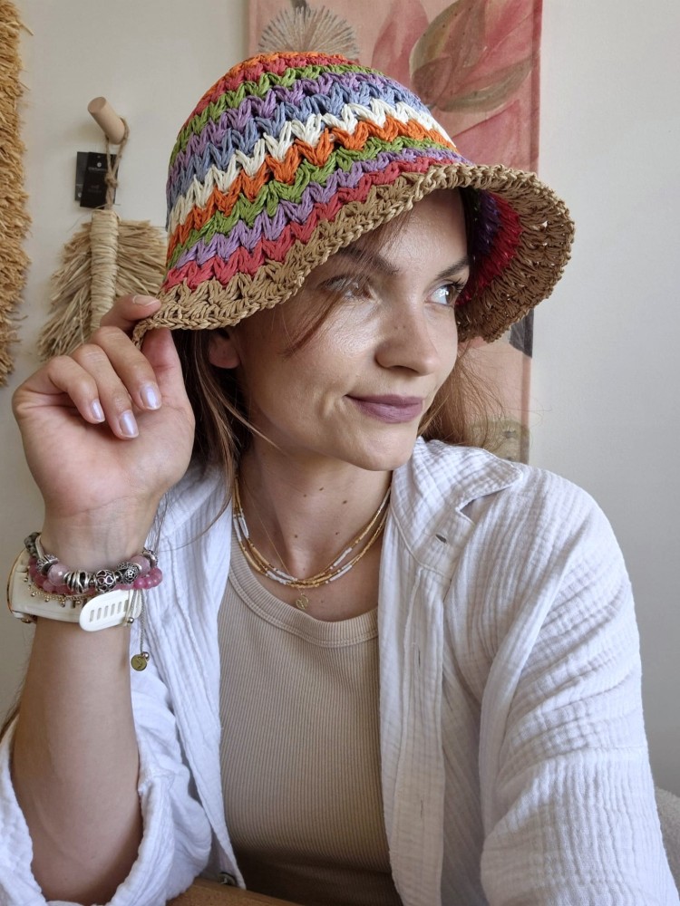 Bucket Rainbow Earth - Damski kapelusz na lato/Kolor wielokolorowy w paski 100% papier
