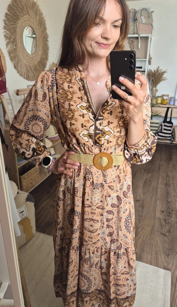 Etni -Midi boho sukienka na długi rękaw w etniczne wzory| 100% wiskoza