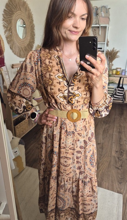 Etni -Midi boho sukienka na długi rękaw w etniczne wzory| 100% wiskoza