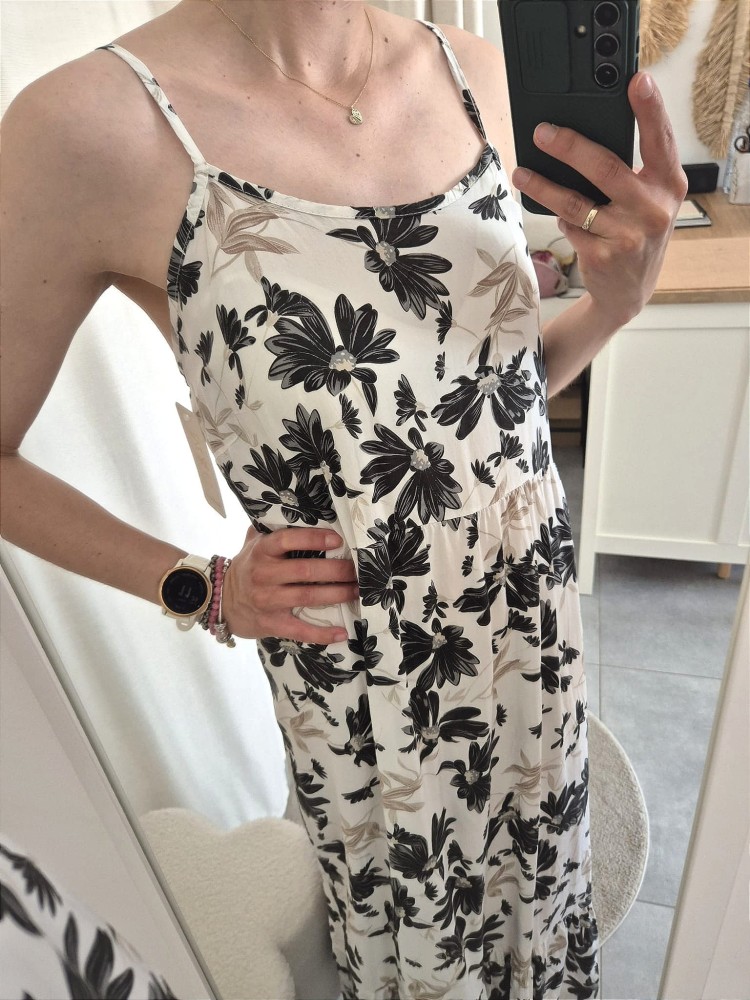 Wiskozowa Sukienka na Ramiączkach w Kwiaty – Czarno-Biała Midi