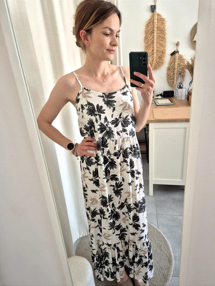 Wiskozowa Sukienka na Ramiączkach w Kwiaty – Czarno-Biała Midi