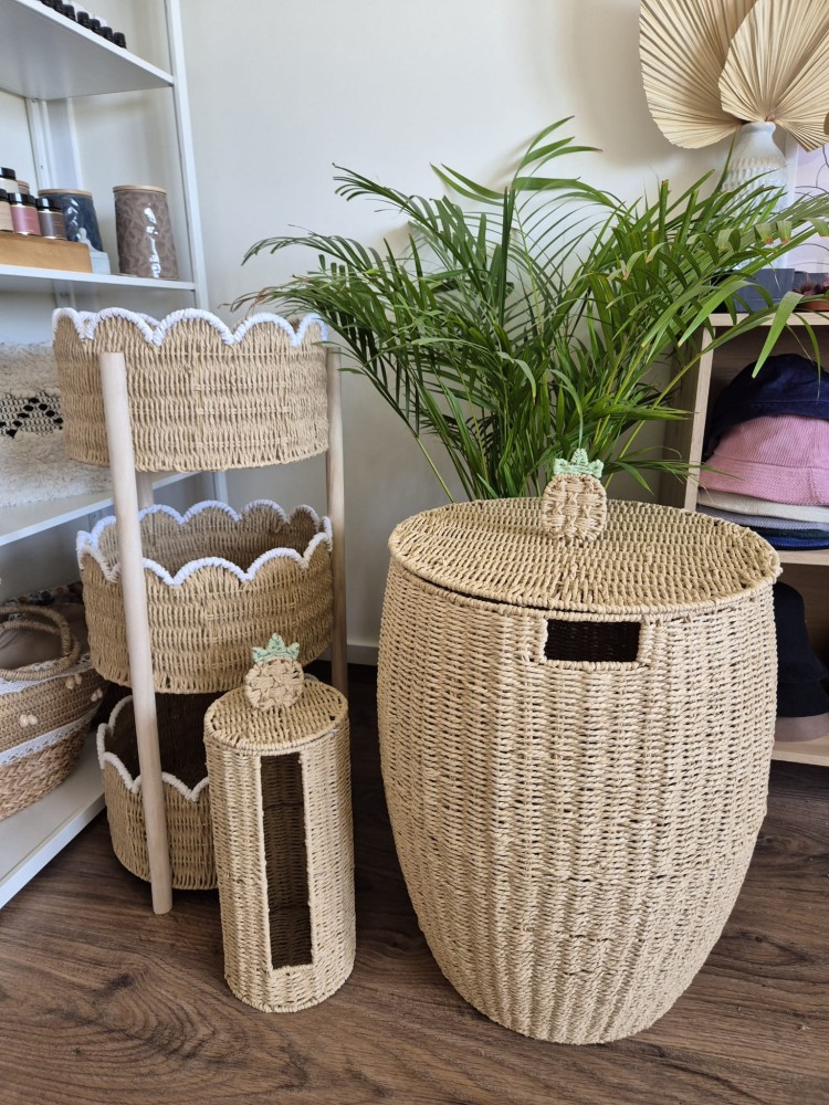 Ananas - Boho kosz na papier toaletowy z pokrywką