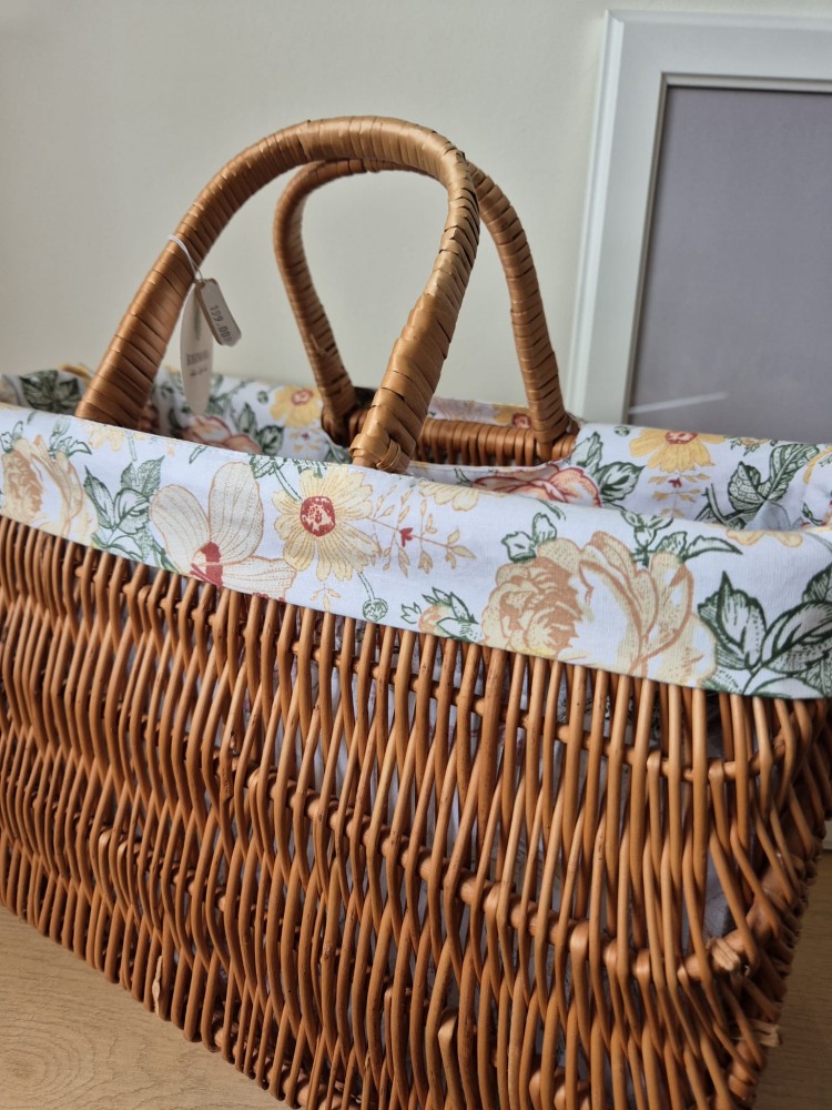 Pleciony koszyk torebka na zakupy z wikliny | Boho koszyk z kwiatową wyściółką