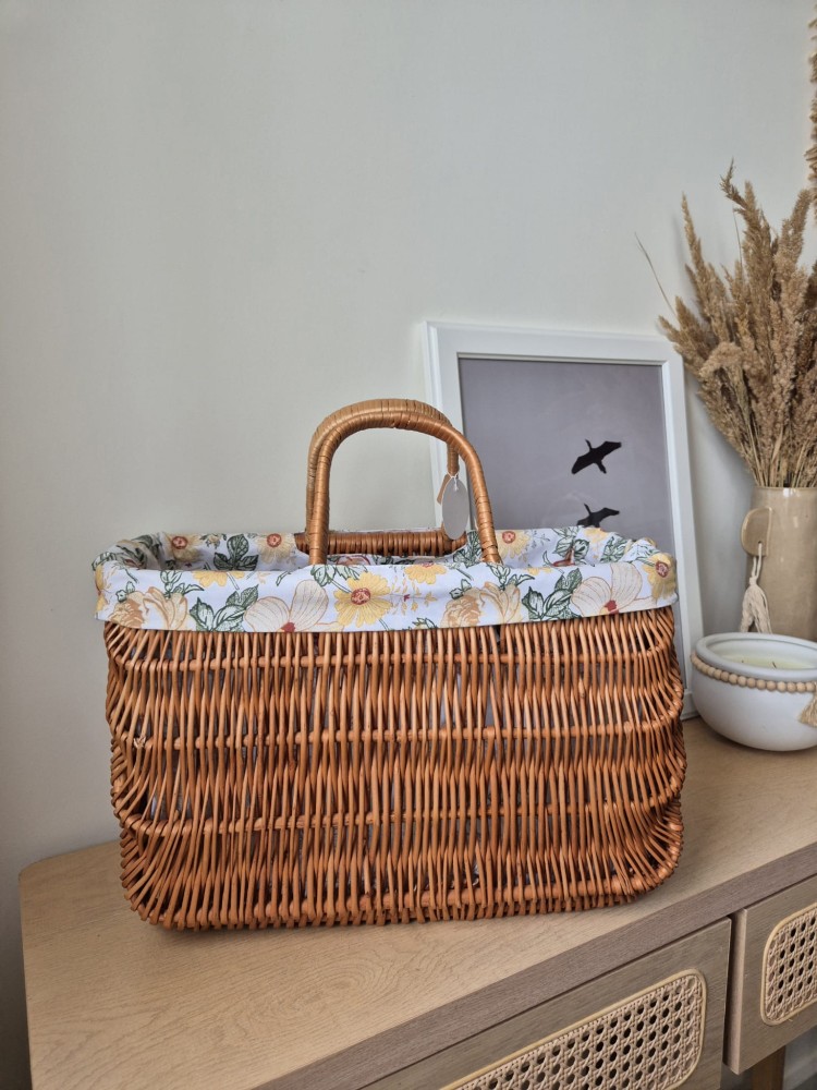 Pleciony koszyk torebka na zakupy z wikliny | Boho koszyk z kwiatową wyściółką