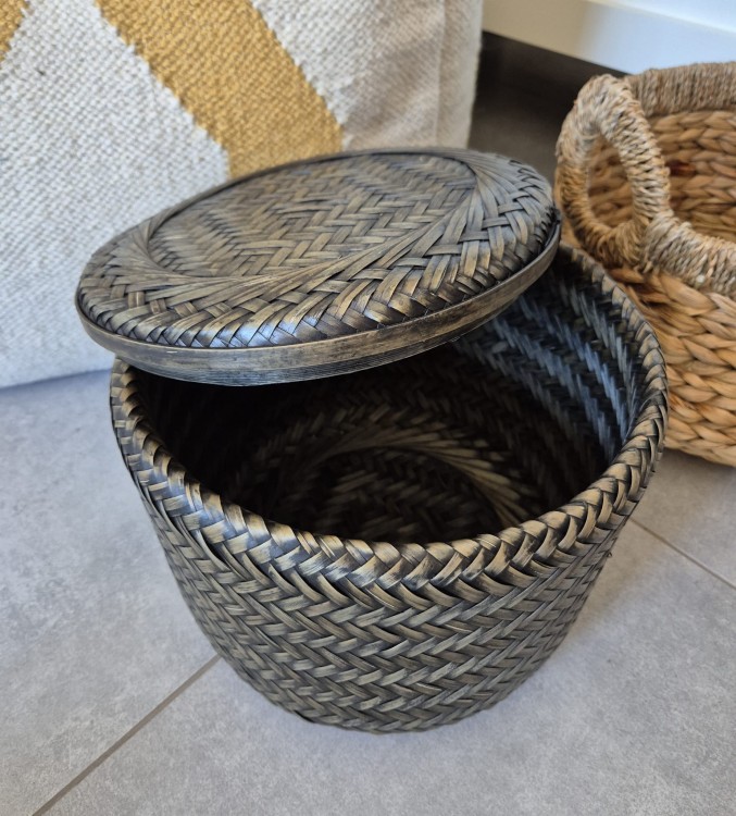 BOHO Pleciony okrągły koszyk pojemnik do przechowywania z pokrywką - zielony