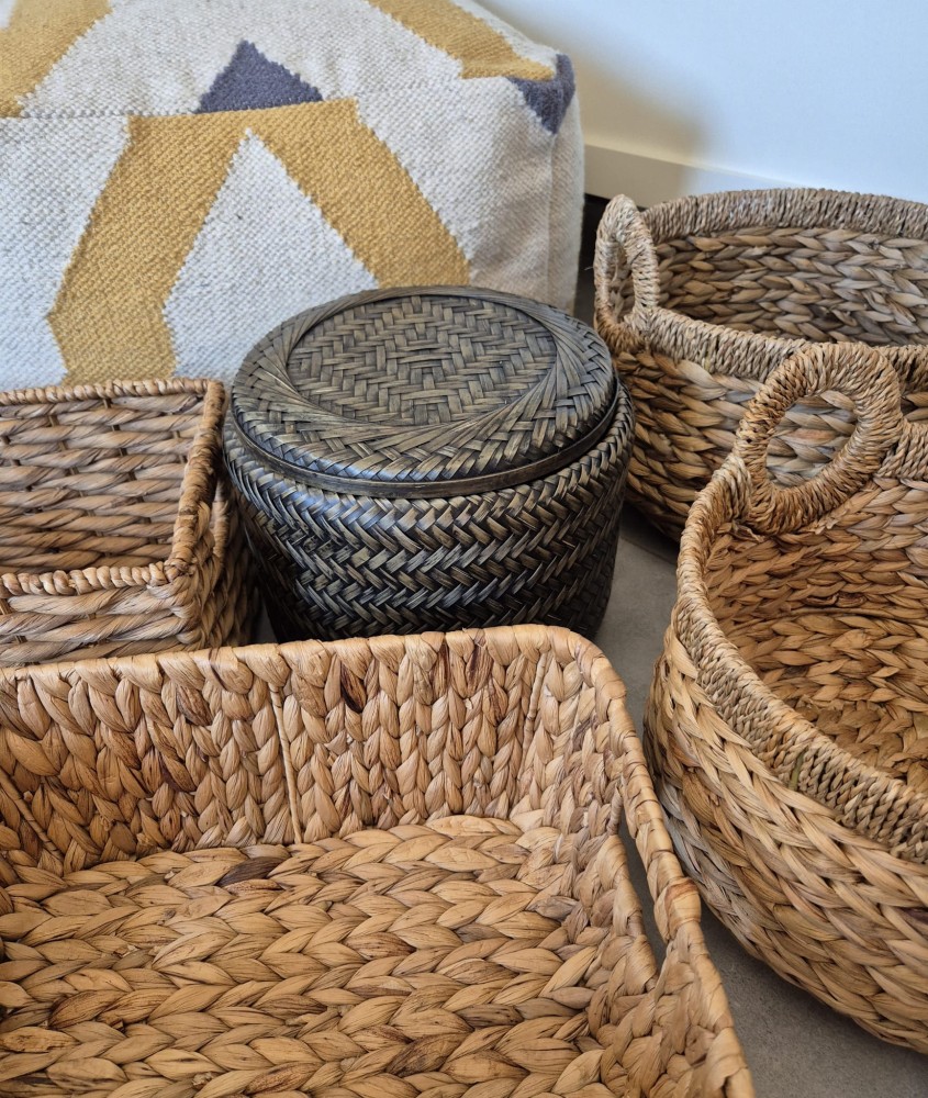 BOHO Pleciony okrągły koszyk pojemnik do przechowywania z pokrywką - zielony