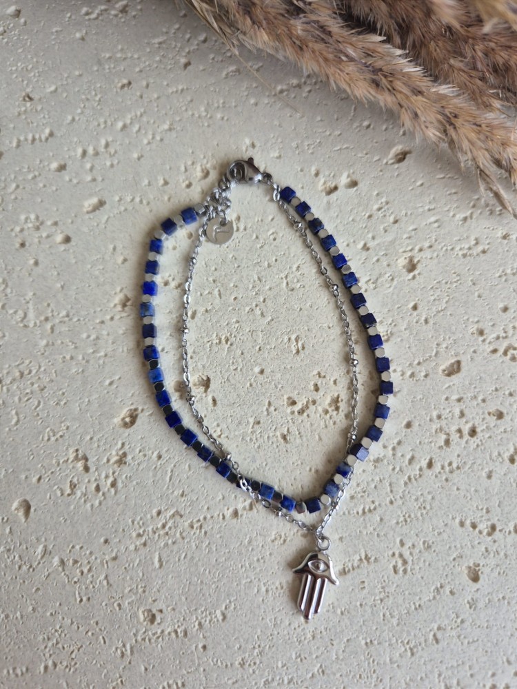 Ręka Fatimy Bransoletka lapis lazuli – stal szlachetna 316L, antyalergiczna