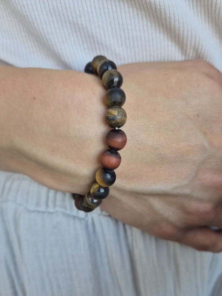 Bransoletka zodiakalna LEW tygrysie oko kule matowe 8,5mm na gumce - odwaga i pewność siebie