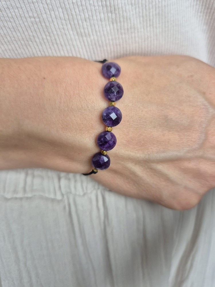 Bransoletka zodiakalna PANNA ametyst i hematyt, shamballa regulowana – spokój i równowaga