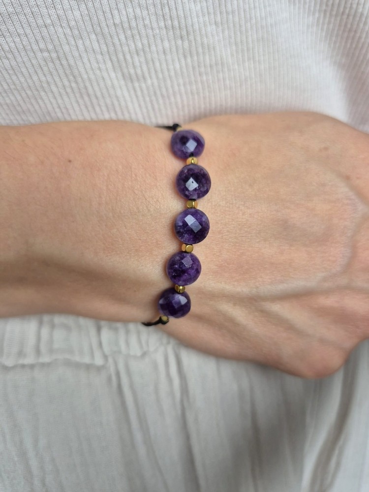 Bransoletka zodiakalna PANNA ametyst i hematyt, shamballa regulowana – spokój i równowaga