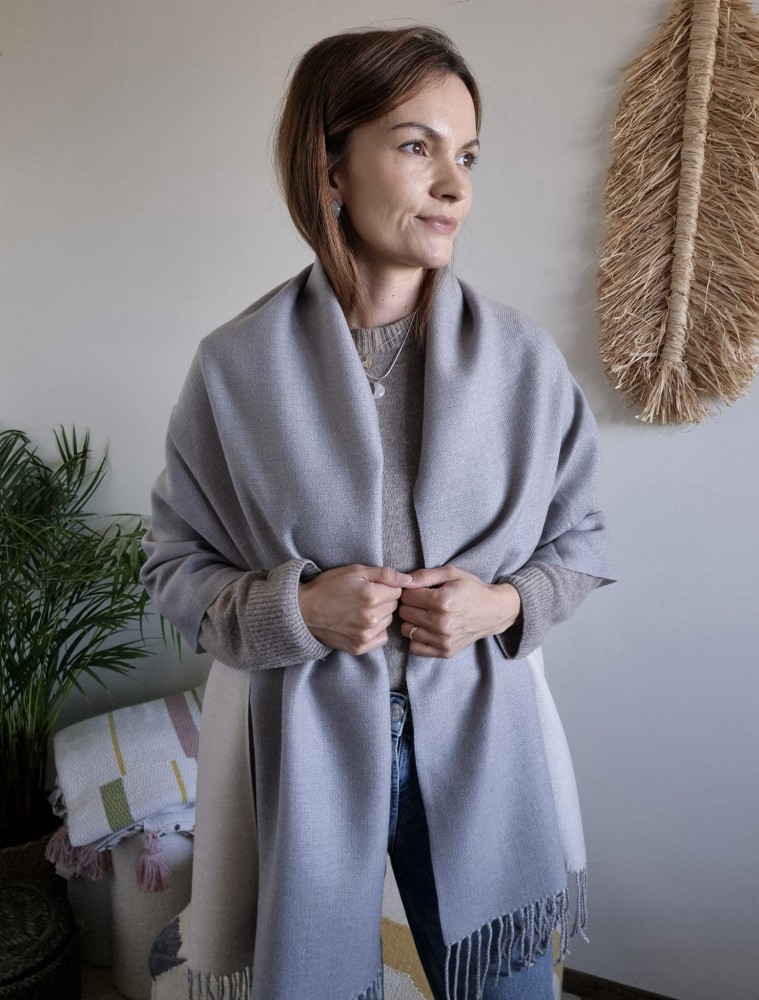 Dwustronny szalik damski 65x210 cm wiskoza i bawełna | Kolor jasno-szary