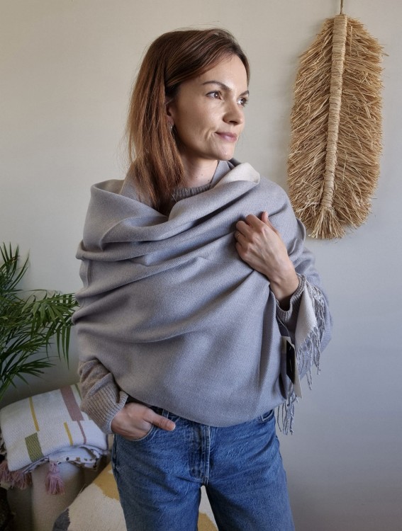 Dwustronny szalik damski 65x210 cm wiskoza i bawełna | Kolor jasno-szary