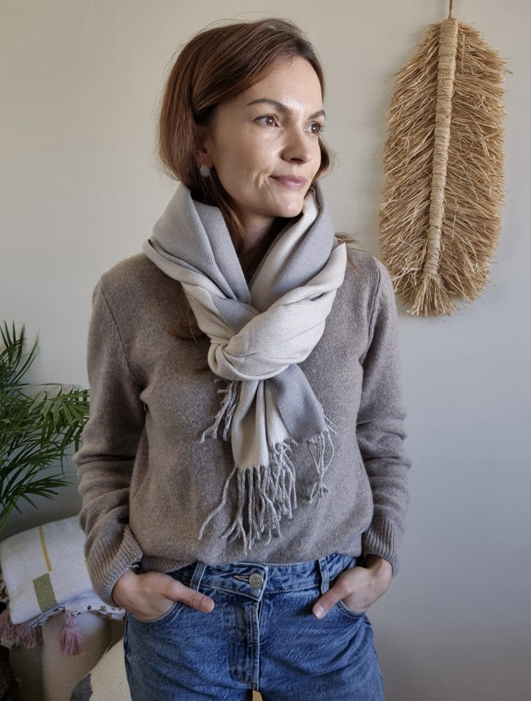 Dwustronny szalik damski 65x210 cm wiskoza i bawełna | Kolor jasno-szary