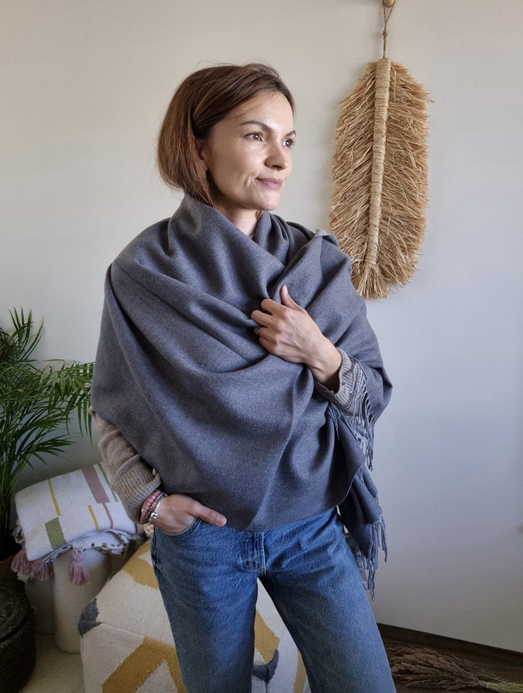 Dwustronny szalik damski 65x210 cm wiskoza i bawełna | Kolor ciemno-szary