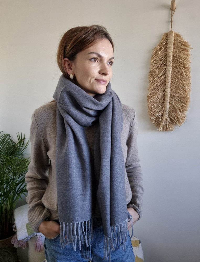 Dwustronny szalik damski 65x210 cm wiskoza i bawełna | Kolor ciemno-szary