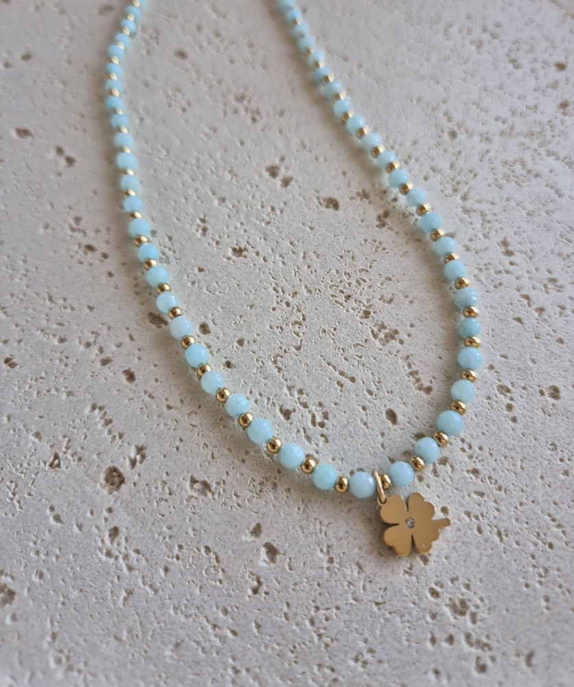 Amulet Szczęścia | Koniczyna – Krótki naszyjnik z akwamarynem i stal szlachetna