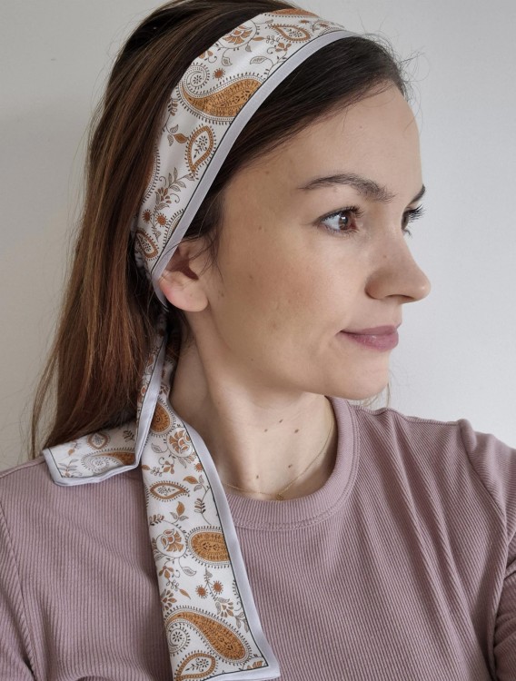 Twilly wzór paisley – wąska damska apaszka na szyję i do włosów | szara