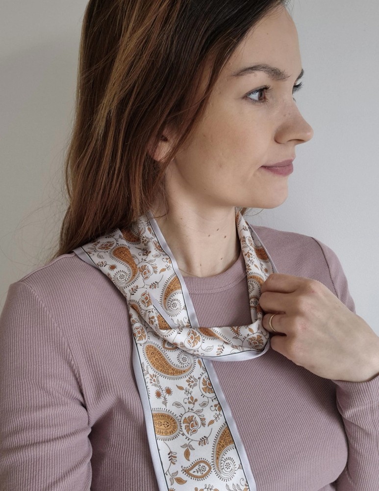Twilly wzór paisley – wąska damska apaszka na szyję i do włosów | szara