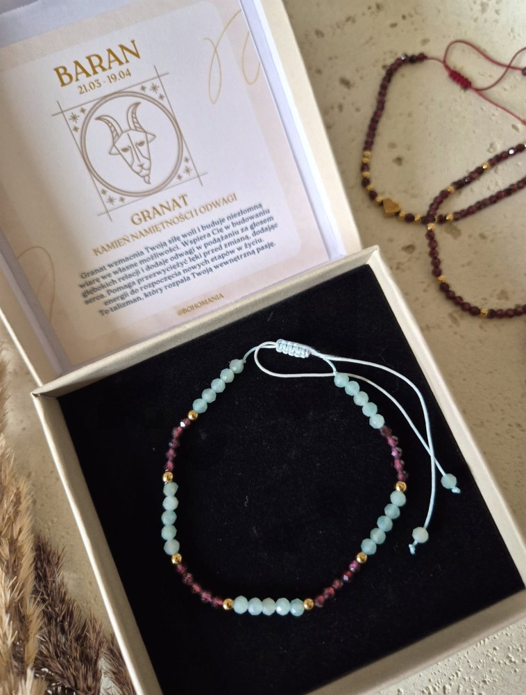 Amulet pasji i wewnętrznego spokoju | Bransoletka zodiakalna Baran granat i amazonit z regulacją
