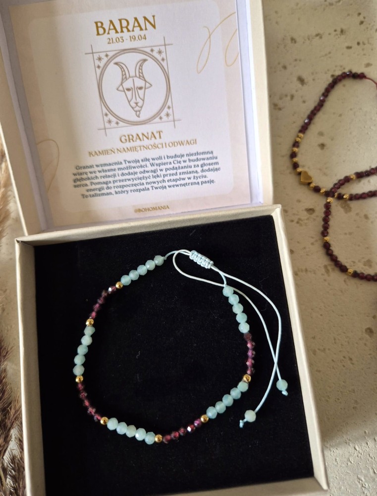 Amulet pasji i wewnętrznego spokoju | Bransoletka zodiakalna Baran granat i amazonit z regulacją