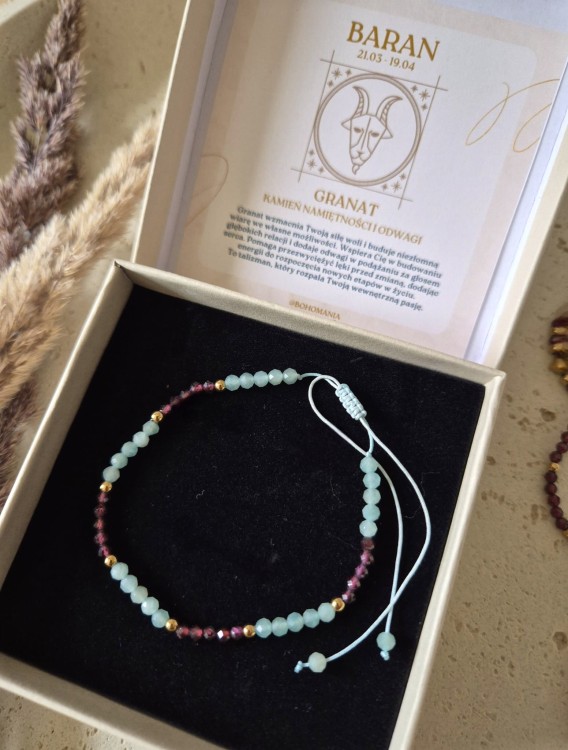 Amulet pasji i wewnętrznego spokoju | Bransoletka zodiakalna Baran granat i amazonit z regulacją