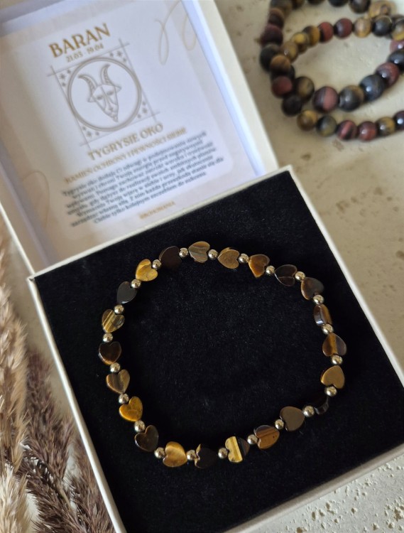 Amulet pewności i sukcesu | Bransoletka zodiakalna Baran tygrysie oko serduszka