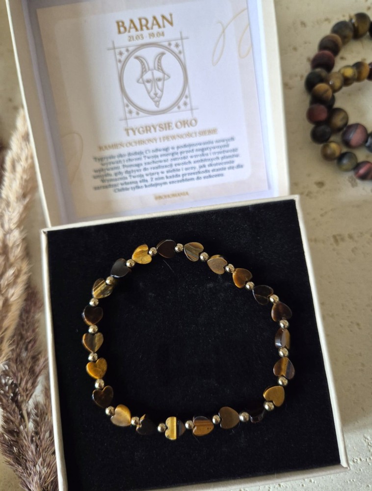 Amulet pewności i sukcesu | Bransoletka zodiakalna Baran tygrysie oko serduszka