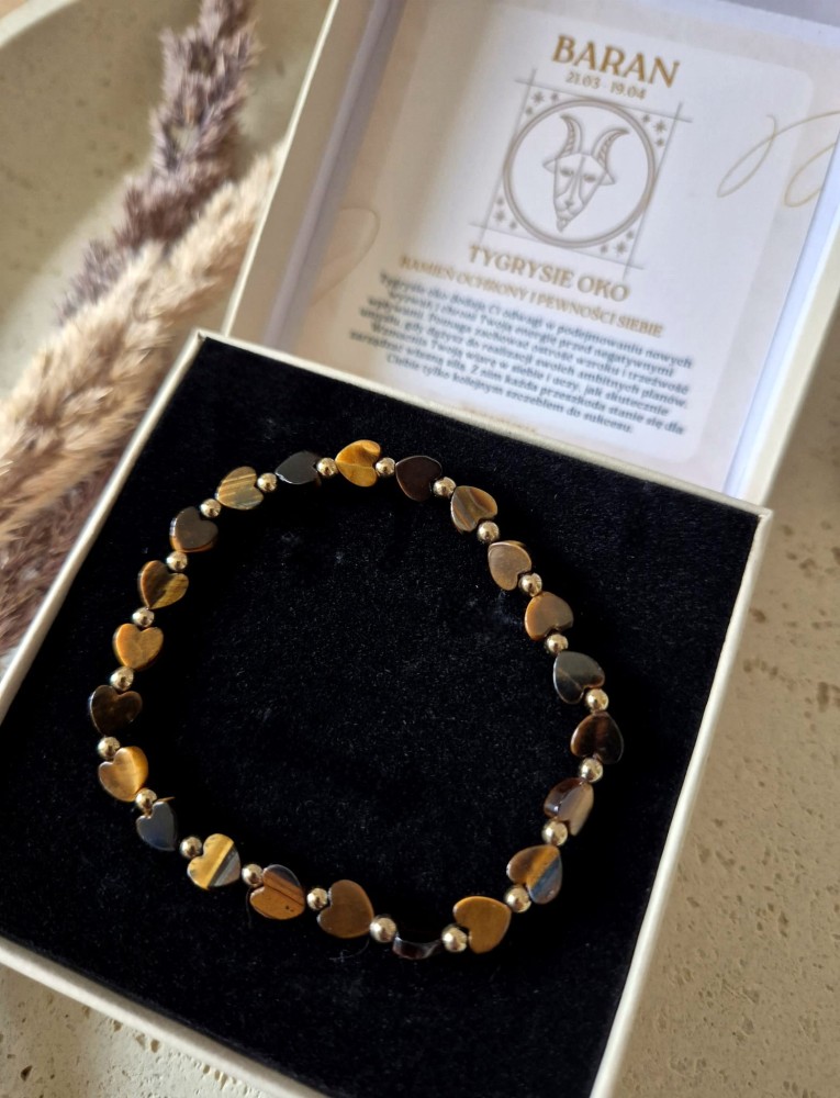 Amulet pewności i sukcesu | Bransoletka zodiakalna Baran tygrysie oko serduszka